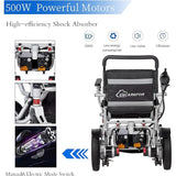 Ultralite Foldable Electric Wheelchair for Adults – 500W Motor, Dual 24V Batteries, 30-Mile Range, 300 lb Capacity Sliver